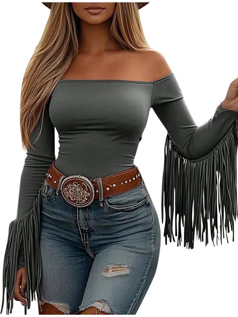 Women's Grey Stretchy Crop Off Shoulder Concert Cowgirl Fringe Tassel Blouses
